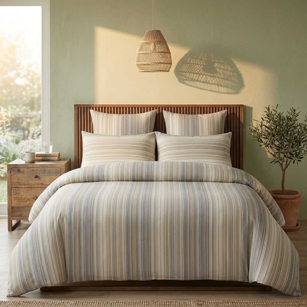 Pościel bawełniana beżowa szara w pasy linie 200x220 3 el. Nordelia Sand Stripe m1790 - Lunatis