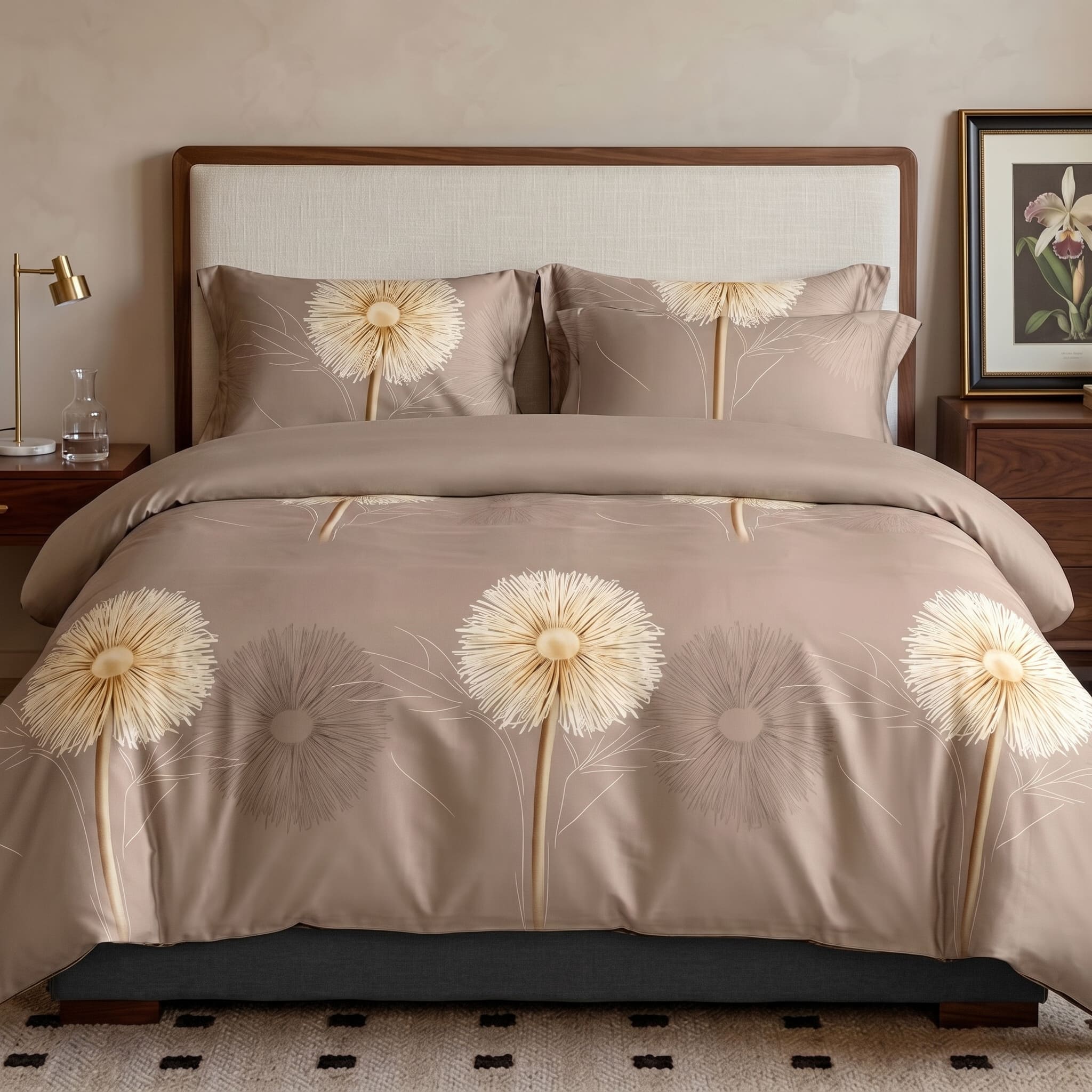 Pościel bawełniana beżowa w dmuchawce 180x200 3 el. Dandelia Beige m1955 - Lunatis