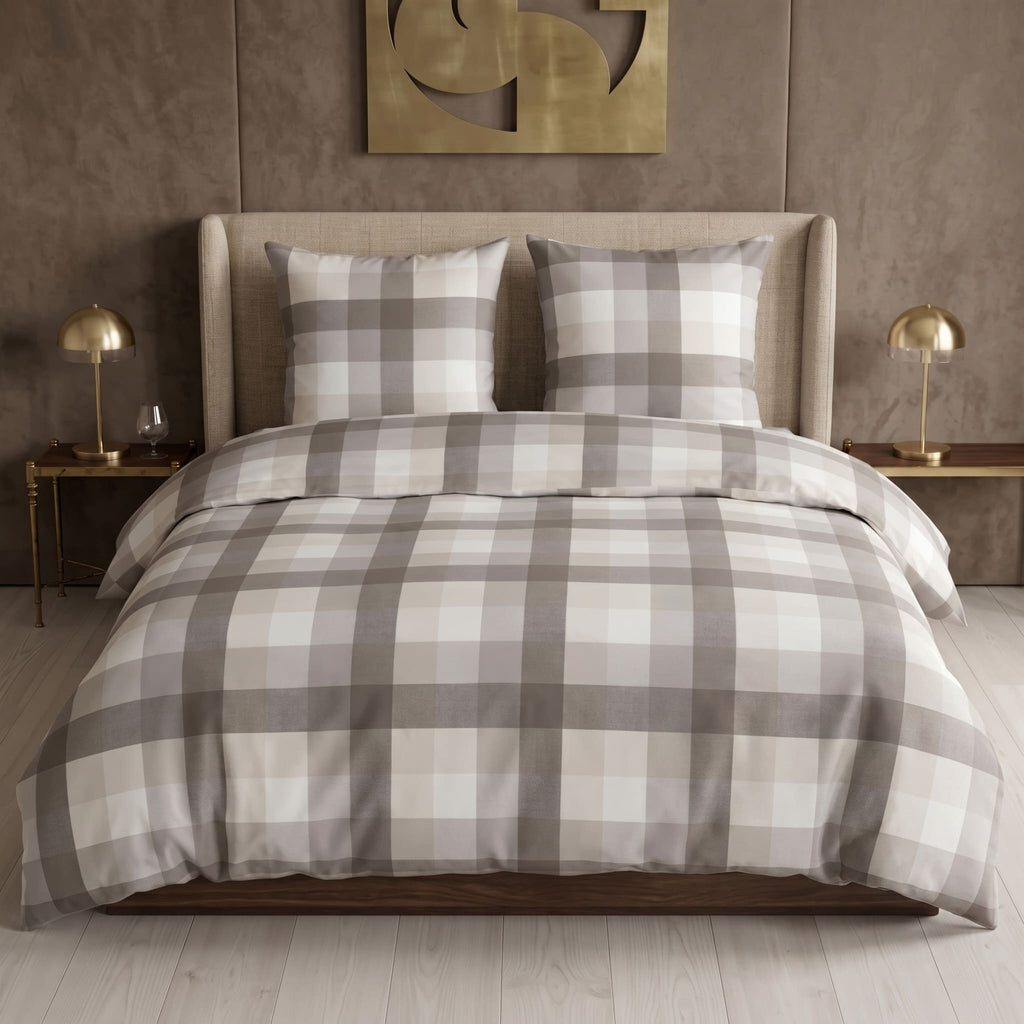 Pościel bawełniana beżowy szary biały w kratkę 200x220 3 el. Cashmere Check m2044 - Lunatis