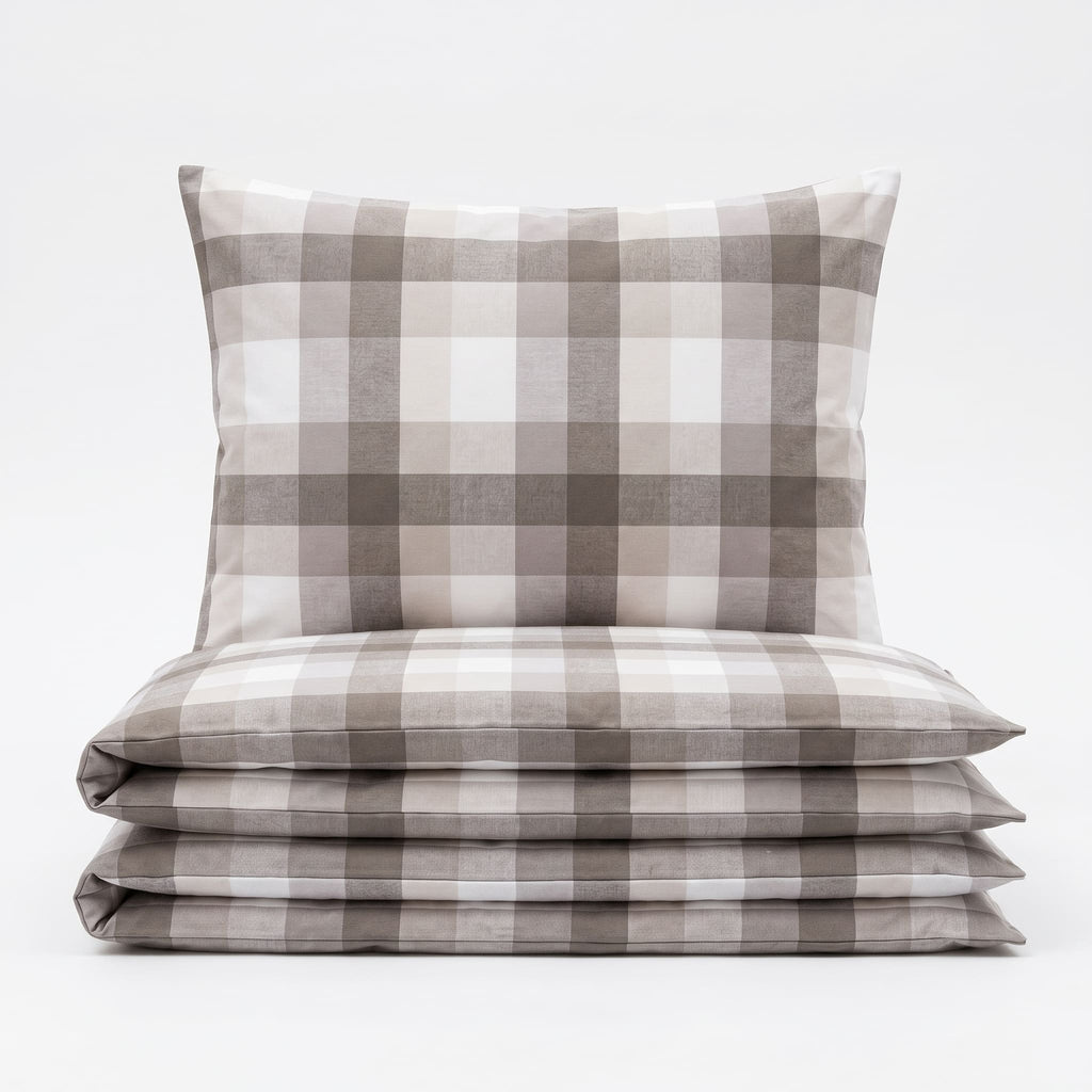 Pościel bawełniana beżowy szary biały w kratkę 200x220 3 el. Cashmere Check m2044 - Lunatis