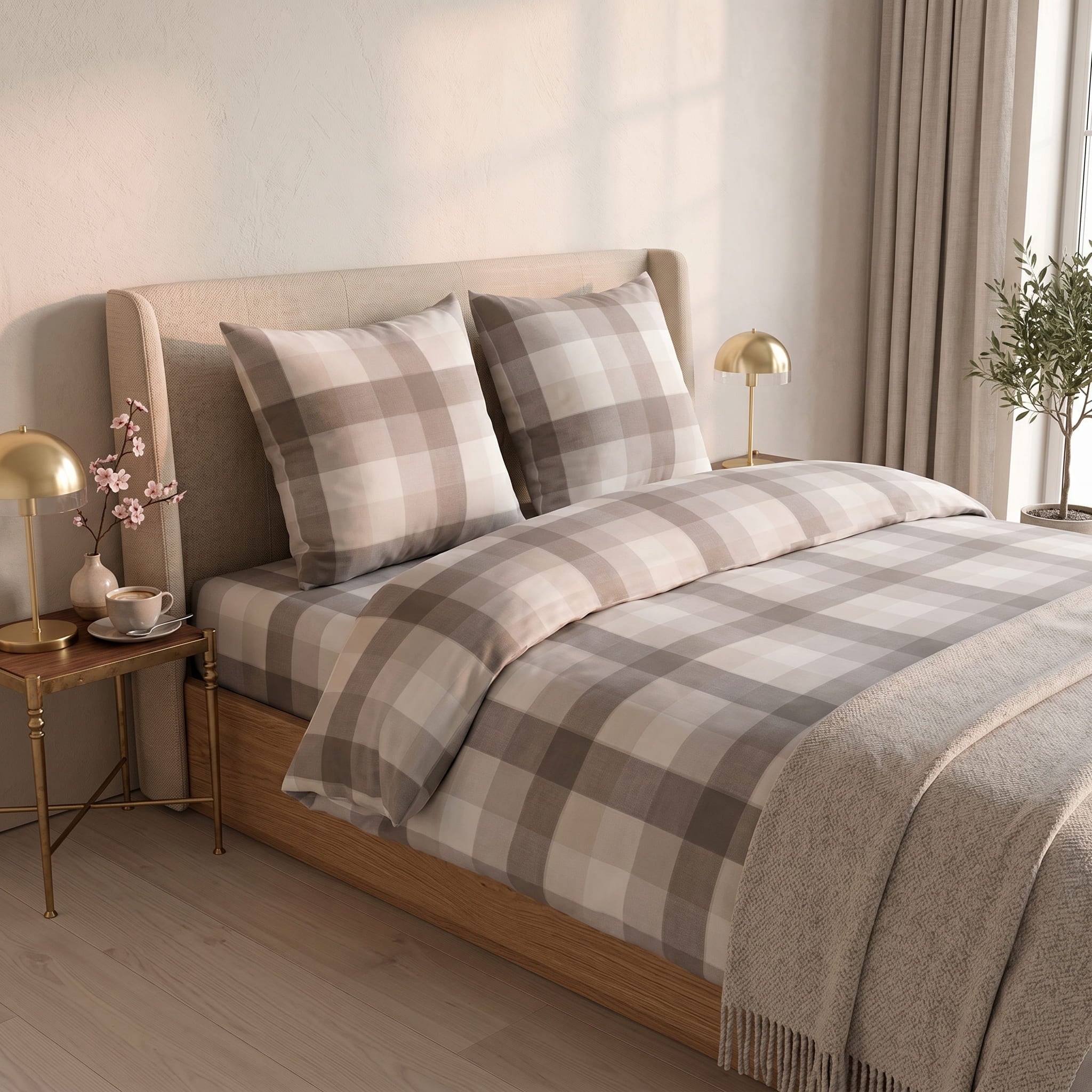 Pościel bawełniana beżowy szary biały w kratkę 200x220 3 el. Cashmere Check m2044 - Lunatis