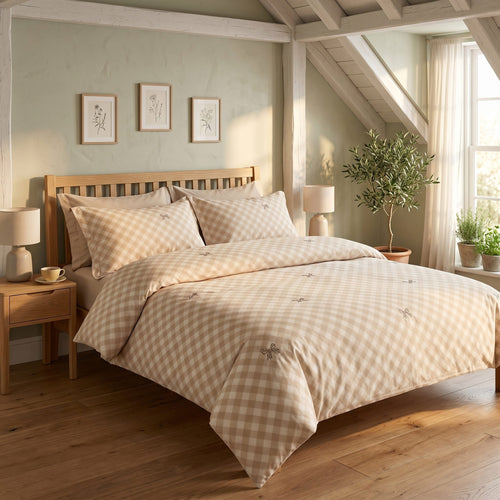Pościel bawełniana beżowy w kratkę i kokardki 160x200 3 el. Classic Beige Check m1950 - Lunatis