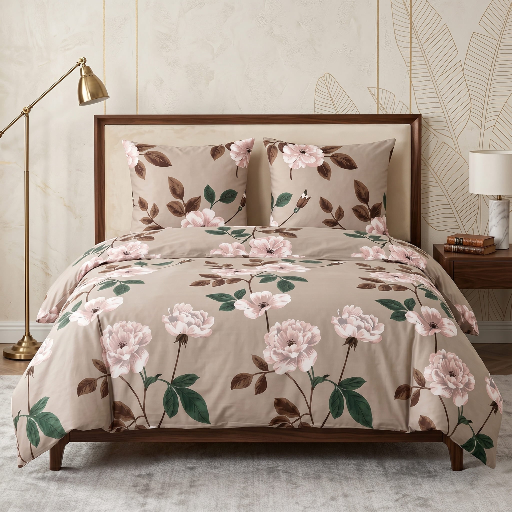 Pościel bawełniana beżowy w kwiaty 200x220 3 el. Blush Peony m2046 - Lunatis
