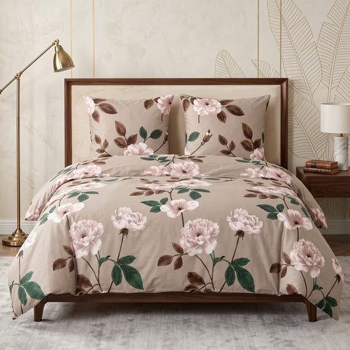Pościel bawełniana beżowy w kwiaty 200x220 3 el. Blush Peony m2046 - Lunatis