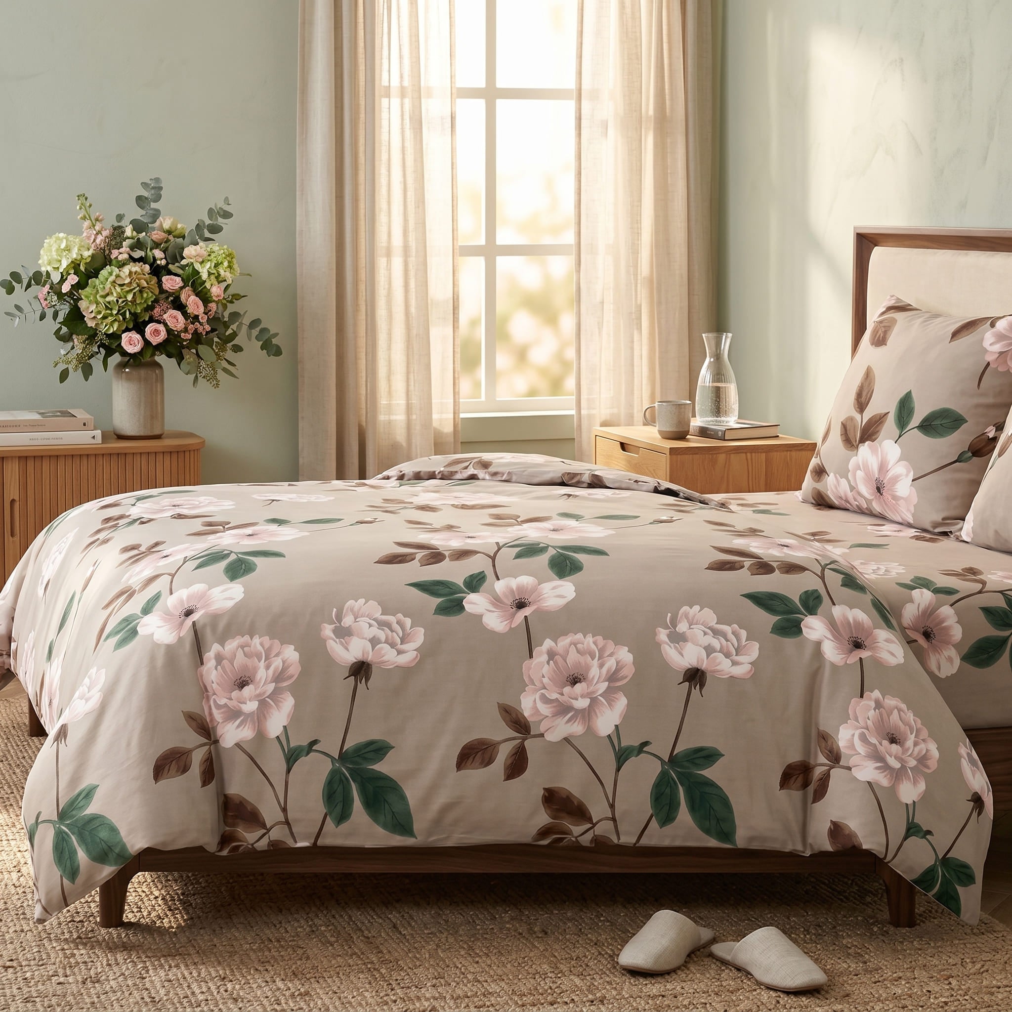 Pościel bawełniana beżowy w kwiaty 200x220 3 el. Blush Peony m2046 - Lunatis