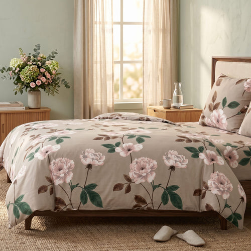 Pościel bawełniana beżowy w kwiaty 200x220 3 el. Blush Peony m2046 - Lunatis