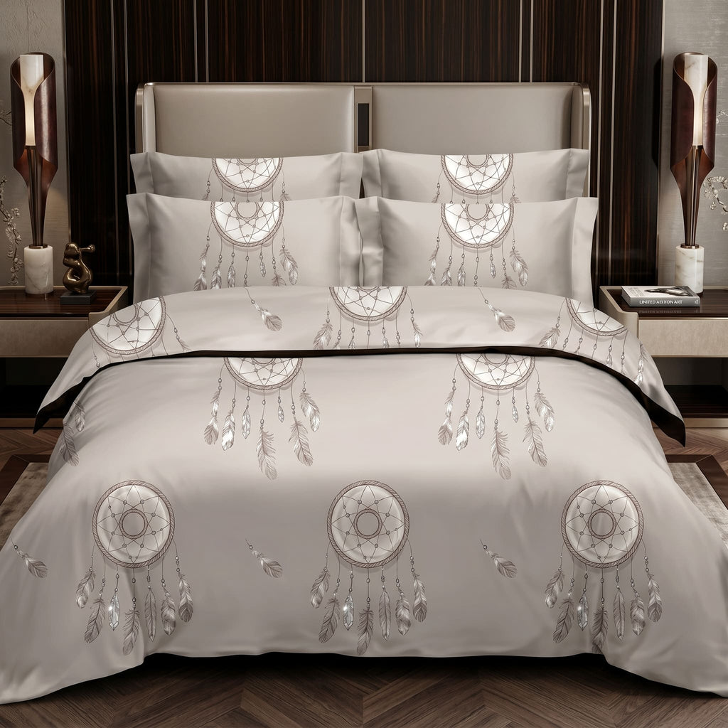 Pościel bawełniana beżowy w łapacze snów 200x220 3 el. Dreamcatcher Aura m1930 - Lunatis