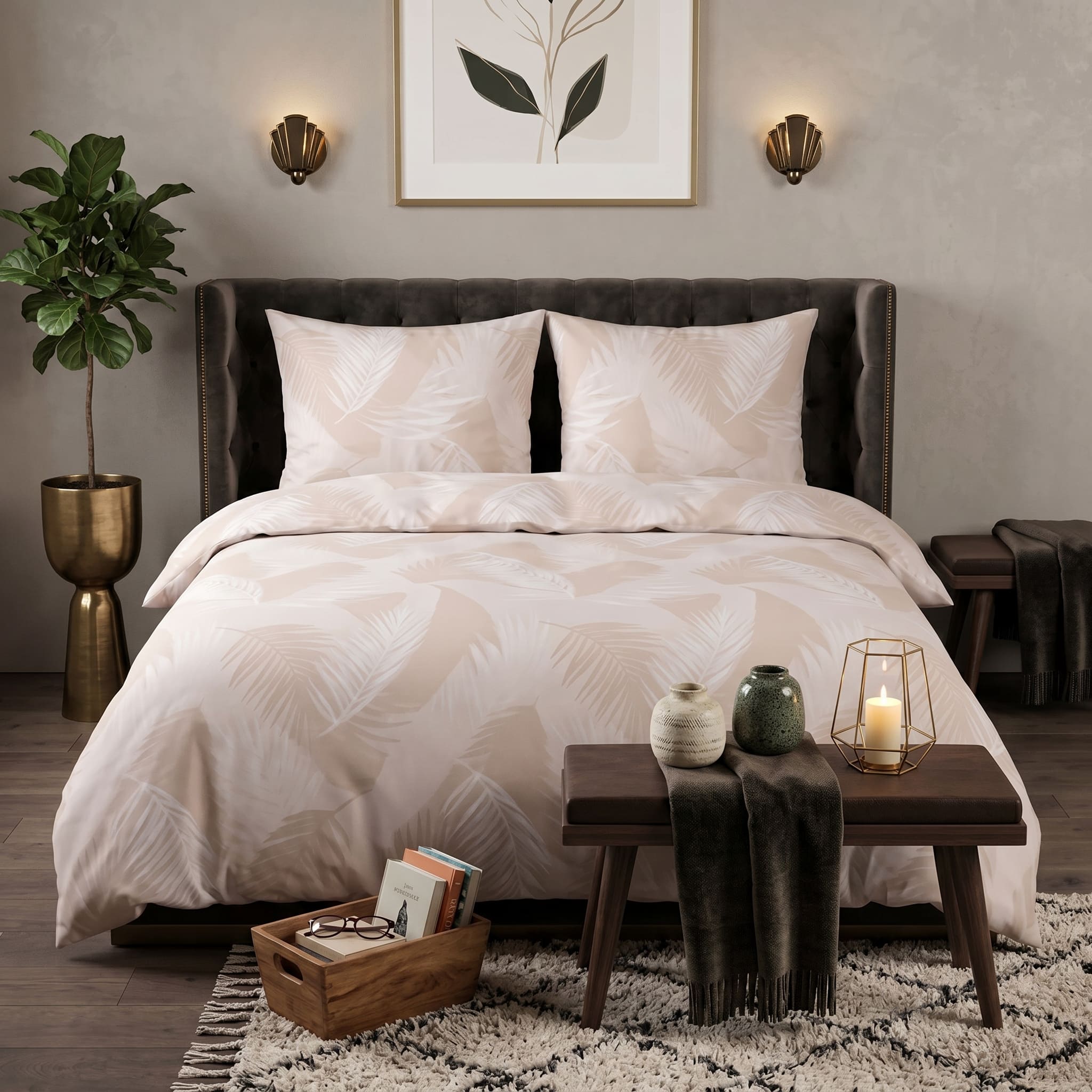 Pościel bawełniana beżowy w liście 200x220 3 el. Veloura Bliss m2045 - Lunatis
