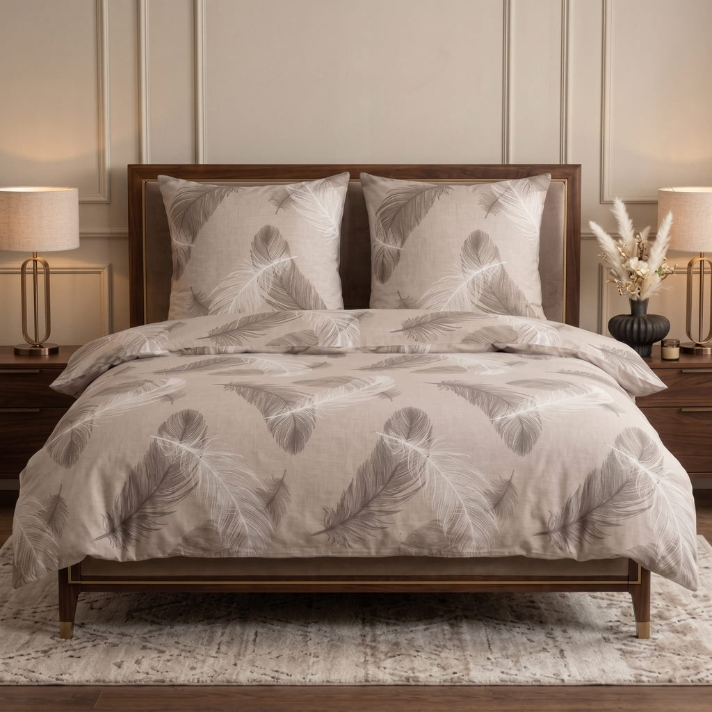 Pościel bawełniana beżowy w pióra 160x200 3 el. Feathera Beige m2039 - Lunatis