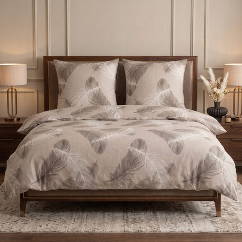 Pościel bawełniana beżowy w pióra 160x200 3 el. Feathera Beige m2039 - Lunatis