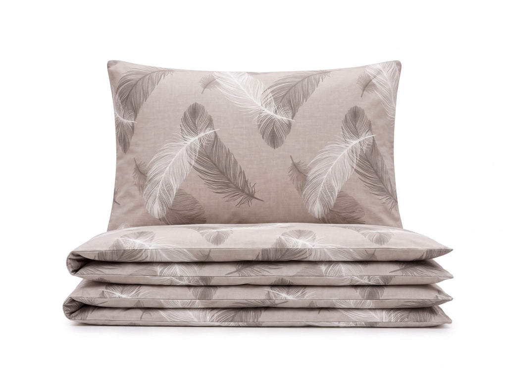 Pościel bawełniana beżowy w pióra 160x200 3 el. Feathera Beige m2039 - Lunatis