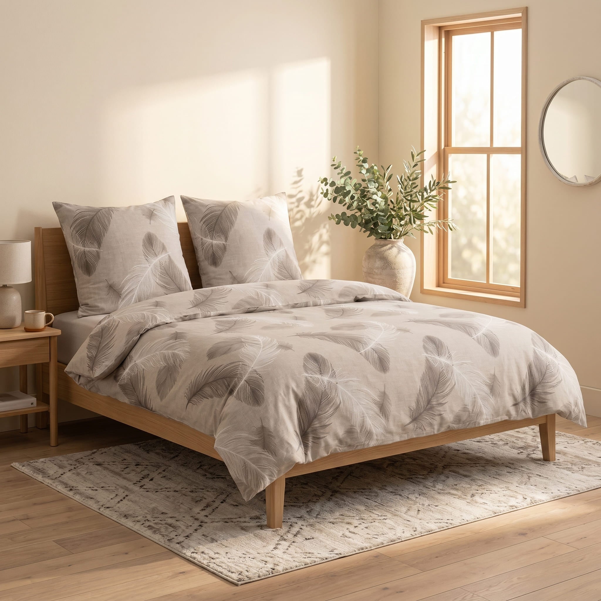 Pościel bawełniana beżowy w pióra 160x200 3 el. Feathera Beige m2039 - Lunatis