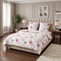 Pościel bawełniana biała w fioletowe czerwone kwiaty 200x220 3 el. Blossom Harmony Lilac m1876 - Lunatis
