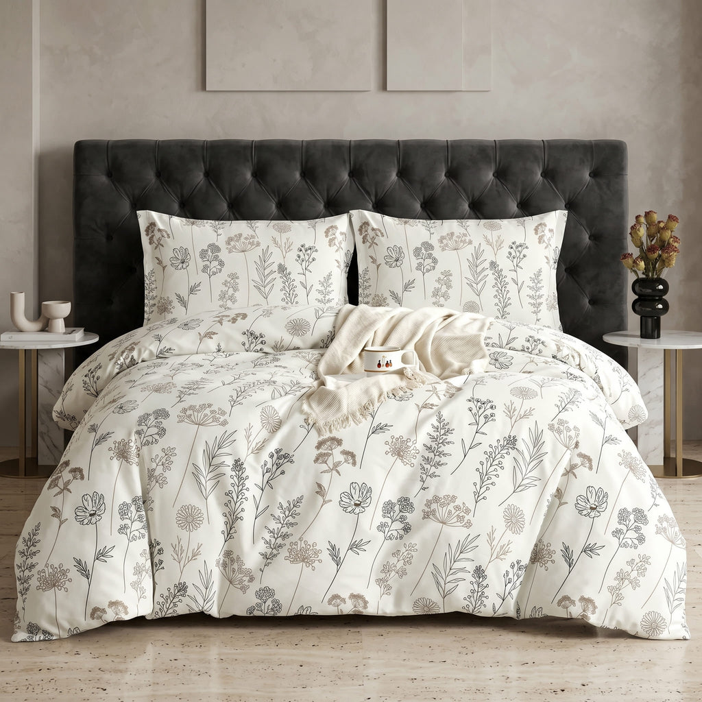 Pościel bawełniana biała w szare kwiaty i liście 200x220 3 el. Meadow Whisper Ivory m1871 - Lunatis
