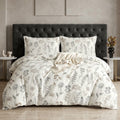Pościel bawełniana biała w szare kwiaty i liście 200x220 3 el. Meadow Whisper Ivory m1871 - Lunatis