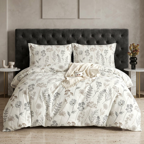 Pościel bawełniana biała w szare kwiaty i liście 200x220 3 el. Meadow Whisper Ivory m1871 - Lunatis