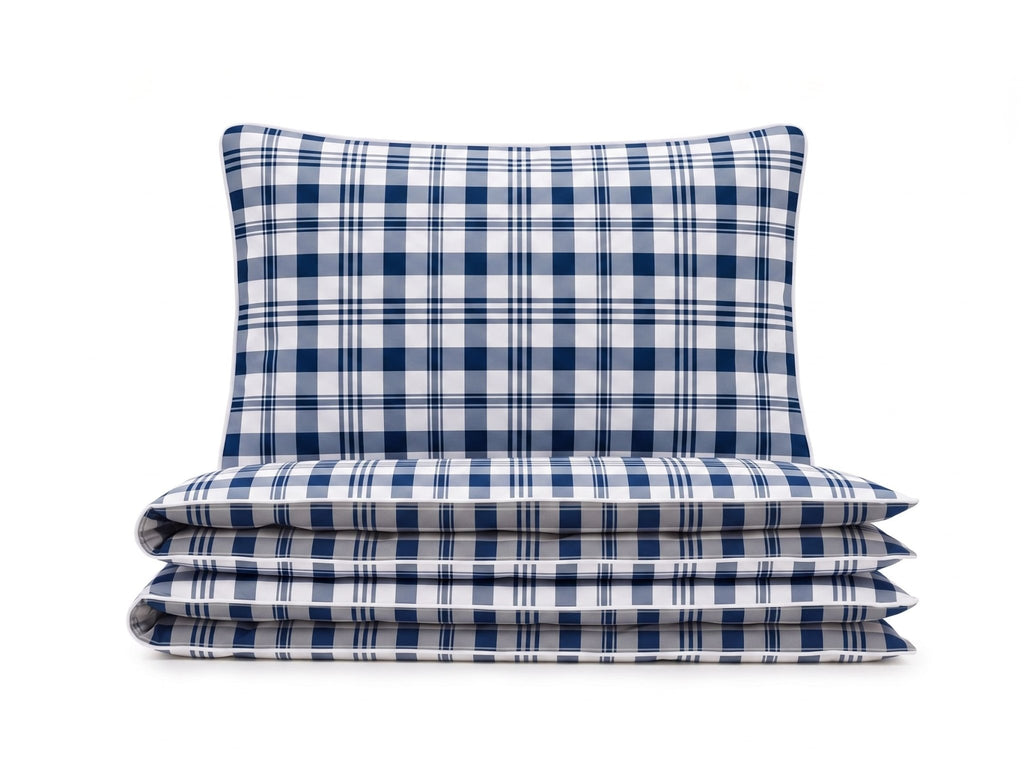 Pościel bawełniana biały granatowy szary w kratę 160x200 3 el. Royal Tartan m1569 - Lunatis