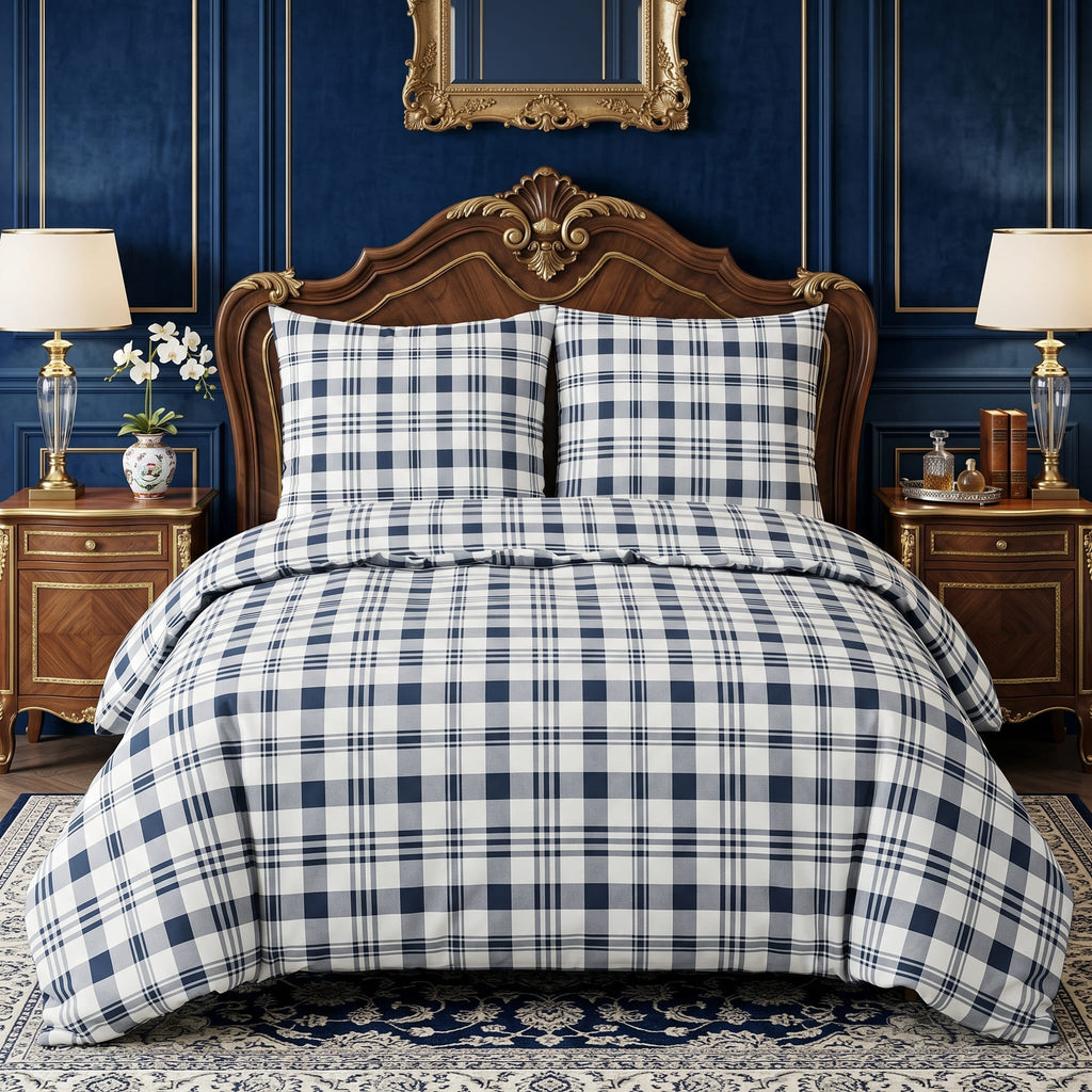 Pościel bawełniana biały granatowy szary w kratę 160x200 3 el. Royal Tartan m1569 - Lunatis