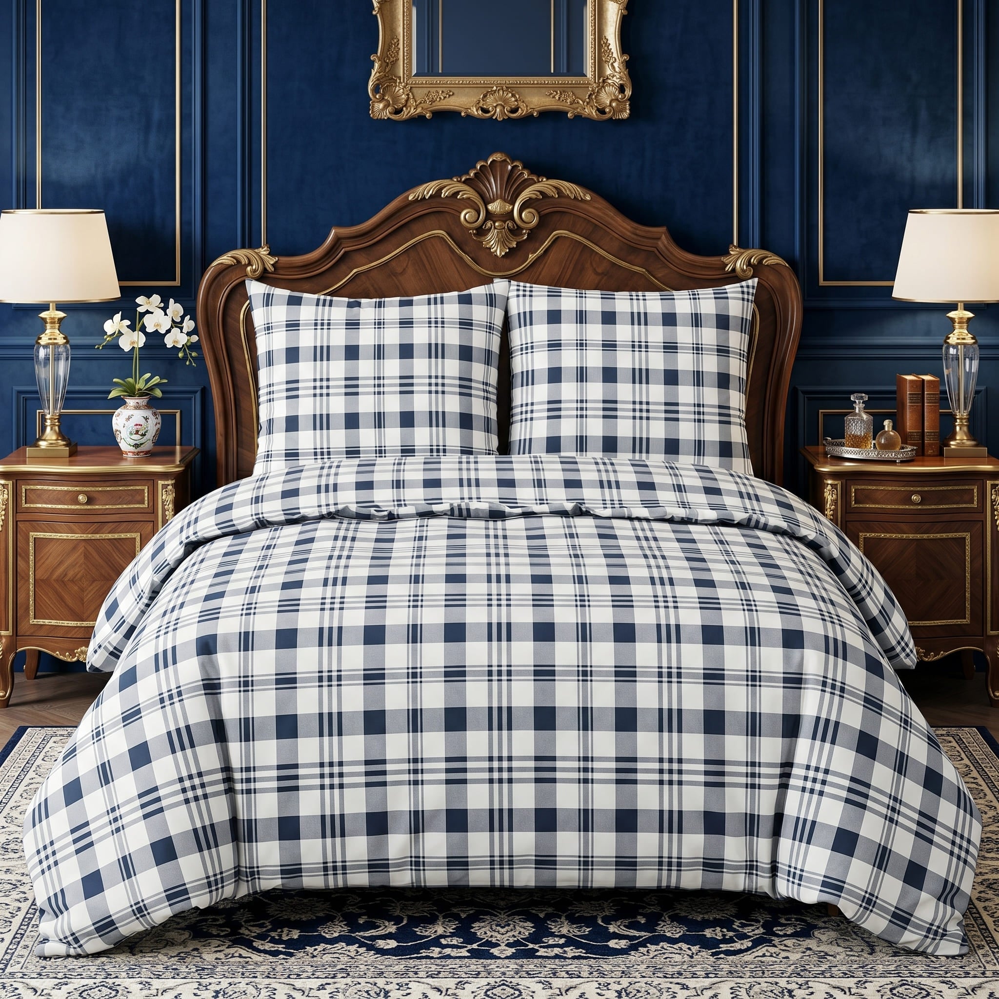 Pościel bawełniana biały granatowy szary w kratę 160x200 3 el. Royal Tartan m1569 - Lunatis