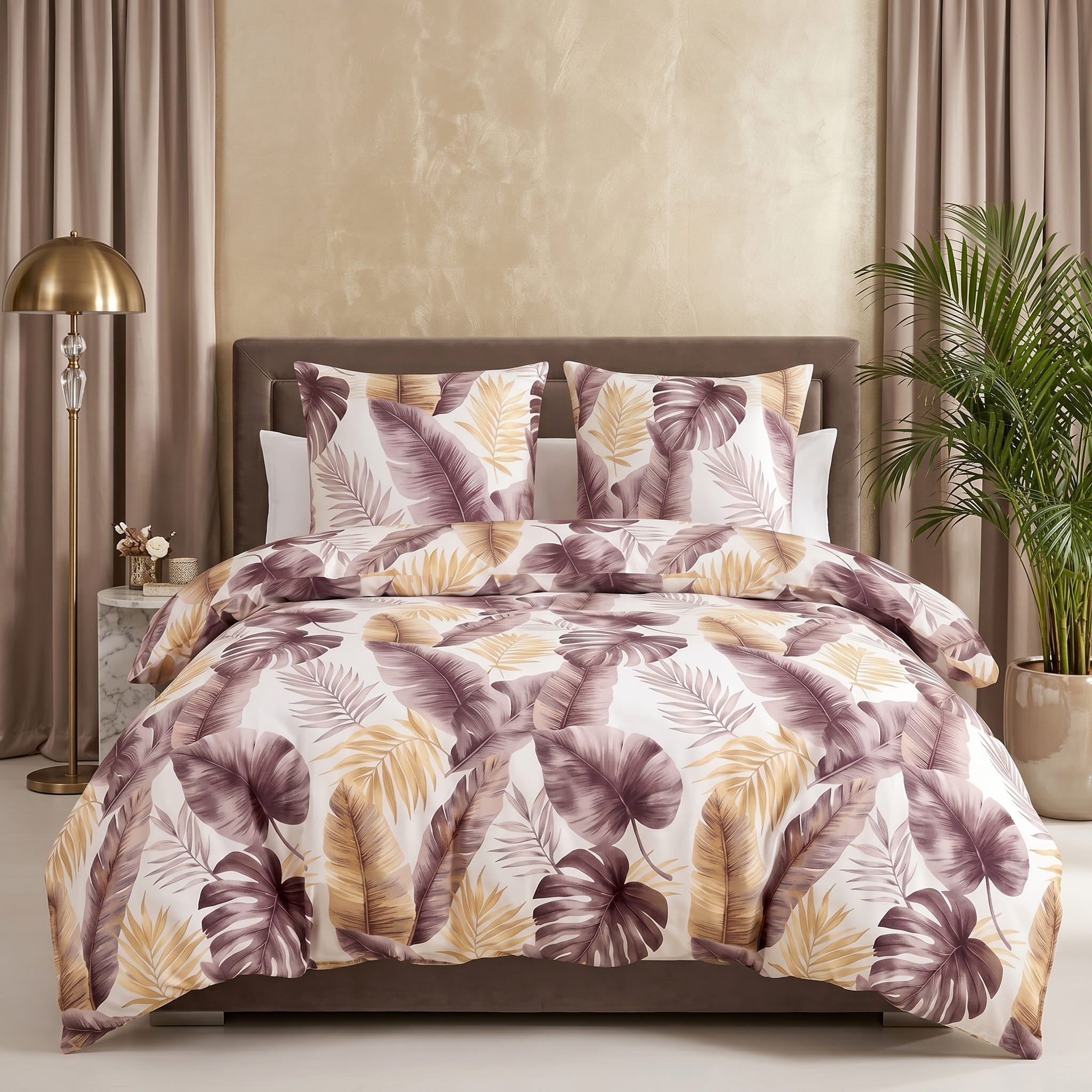 Pościel bawełniana biały w liście 160x200 3 el. Velvet Tropica m2054 - Lunatis