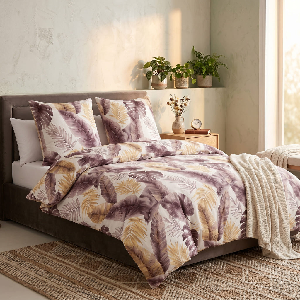 Pościel bawełniana biały w liście 160x200 3 el. Velvet Tropica m2054 - Lunatis