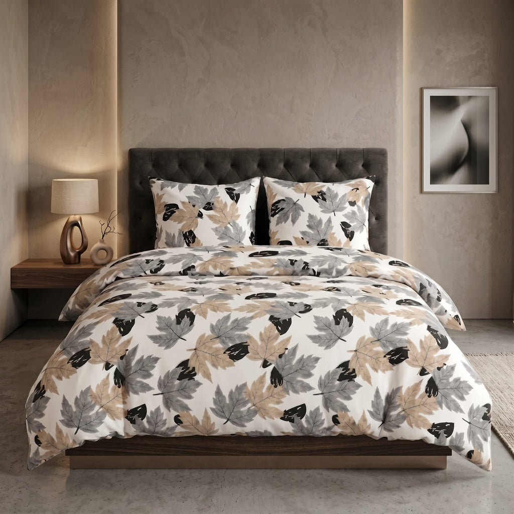 Pościel bawełniana biały w liście 200x220 3 el. Maple Noir m2021 - Lunatis