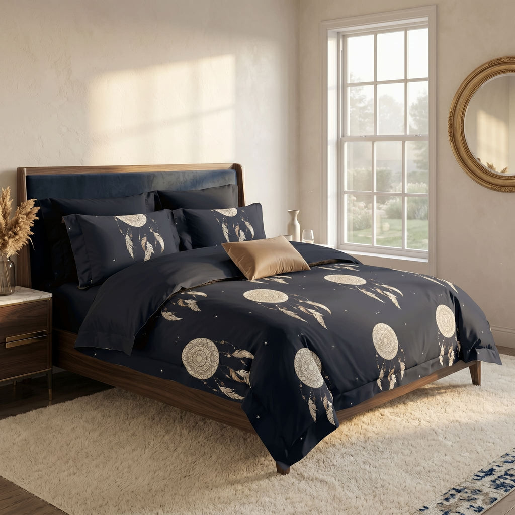 Pościel bawełniana czarna w złoty łapacz snów 200x220 3 el. Noctivelle Dreamcatcher Navy m1847 - Lunatis