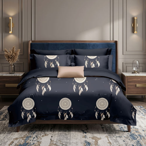 Pościel bawełniana czarna w złoty łapacz snów 200x220 3 el. Noctivelle Dreamcatcher Navy m1847 - Lunatis