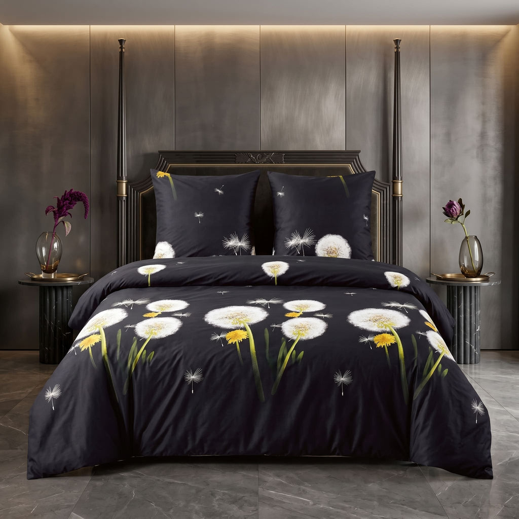 Pościel bawełniana czarny w dmuchawce 160x200 3 el. Midnight Dandelion m1901 - Lunatis
