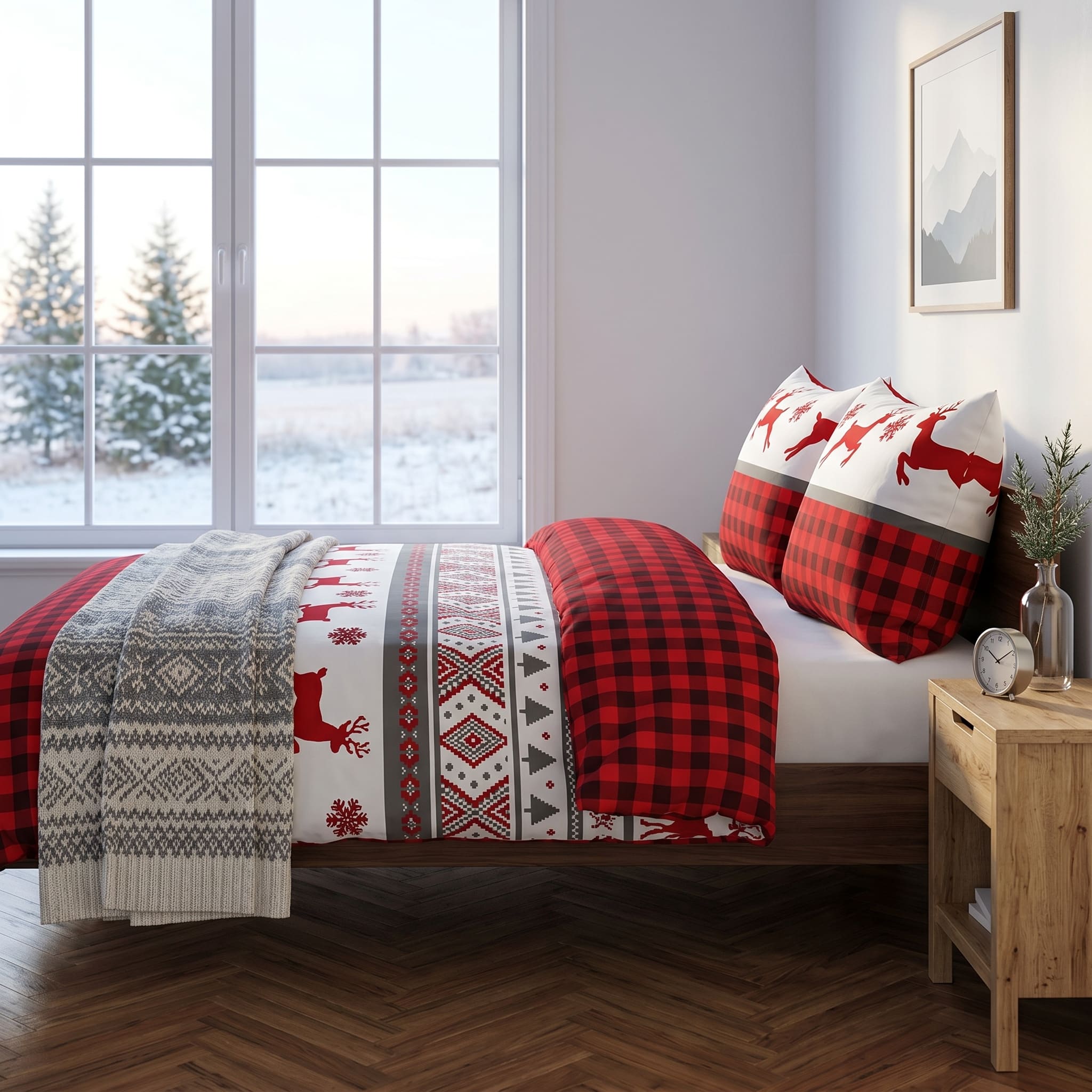 Pościel bawełniana czerwony w kratę i renifery 200x220 3 el. Winter Lodge m2025 - Lunatis