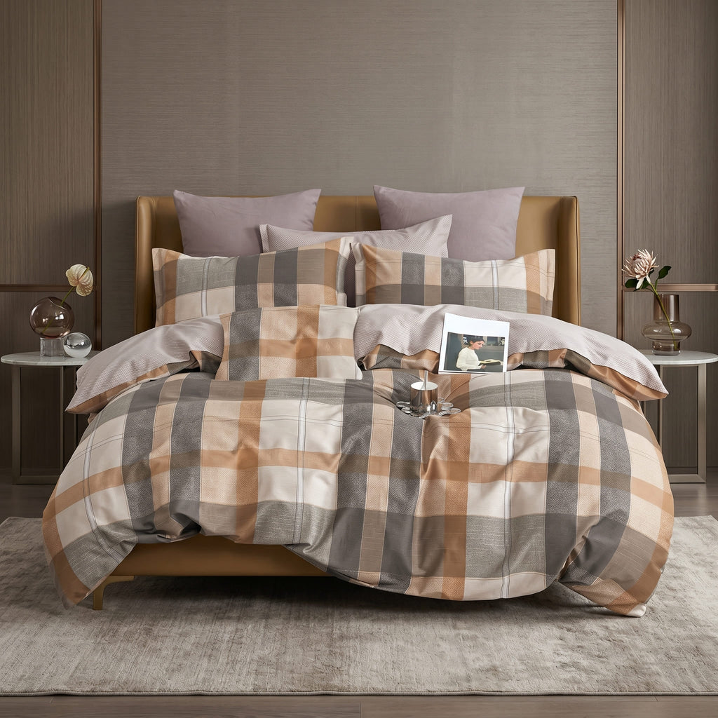 Pościel bawełniana dwustronna beżowa brązowa w kratę 200x220 3 el. Caldore Beige Harmony m1815 - Lunatis