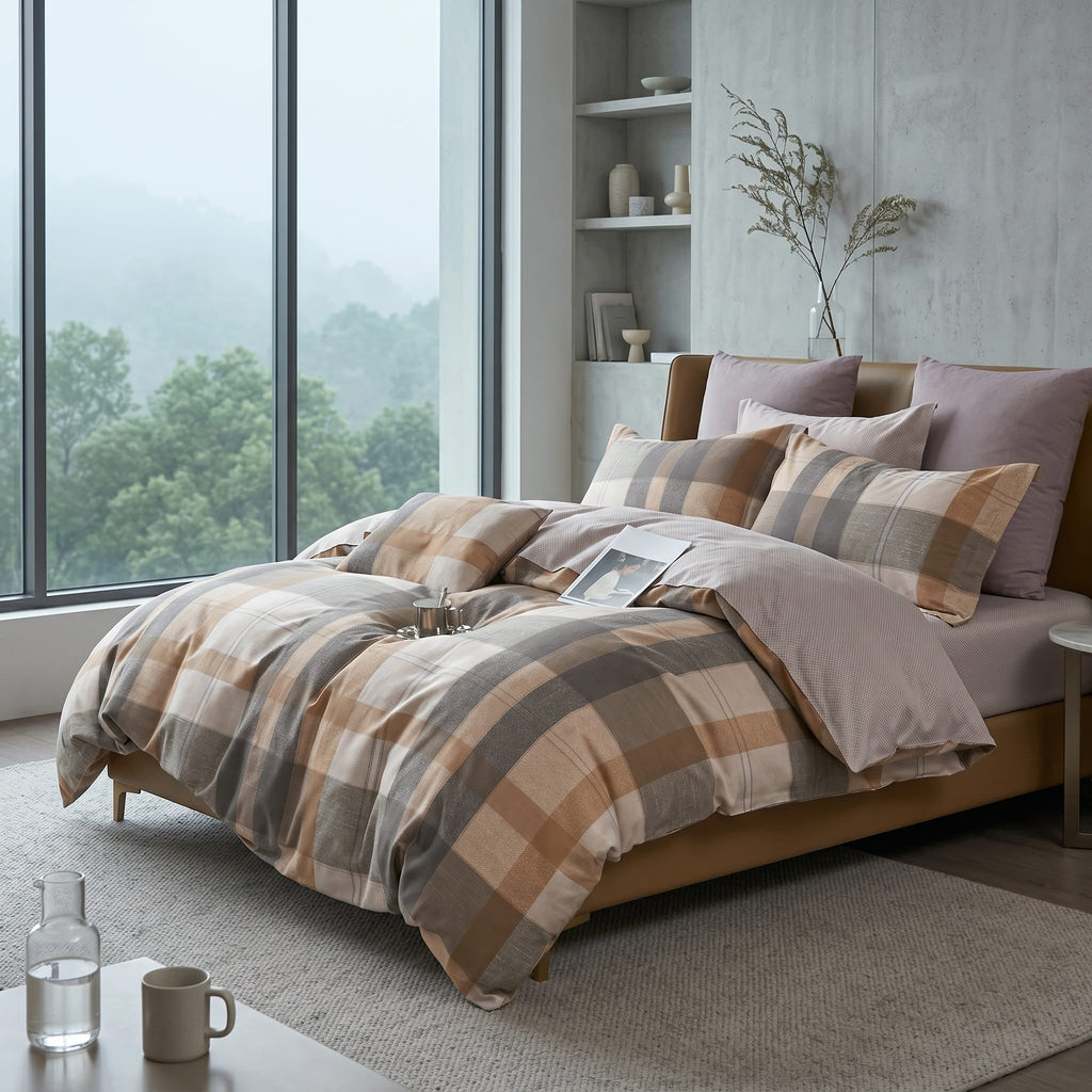 Pościel bawełniana dwustronna beżowa brązowa w kratę 200x220 3 el. Caldore Beige Harmony m1815 - Lunatis
