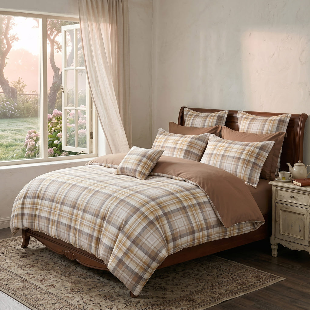 Pościel bawełniana dwustronna beżowa brązowa w kratę 200x220 3 el. Westmire Heritage m1760 - Lunatis