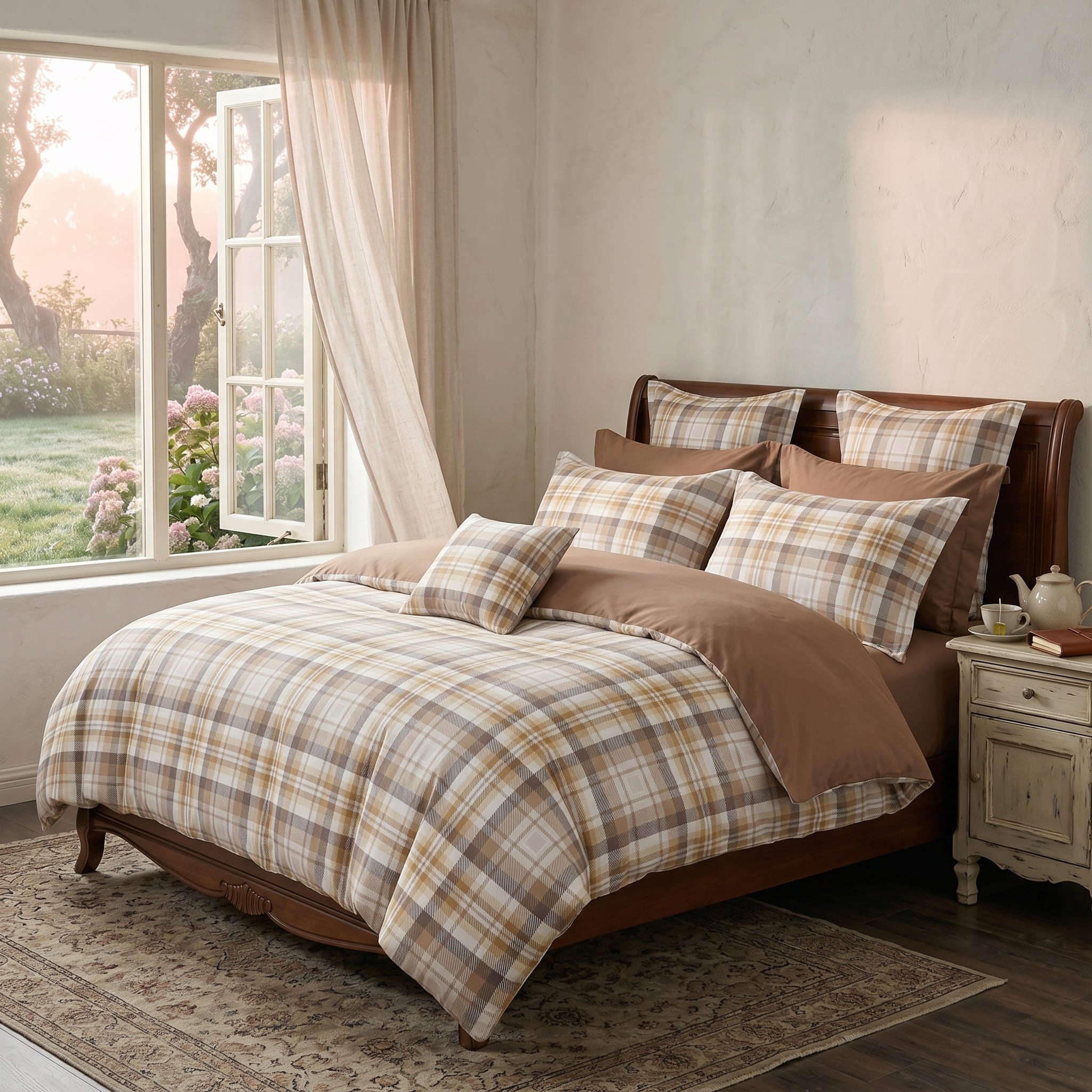 Pościel bawełniana dwustronna beżowa brązowa w kratę 200x220 3 el. Westmire Heritage m1760 - Lunatis