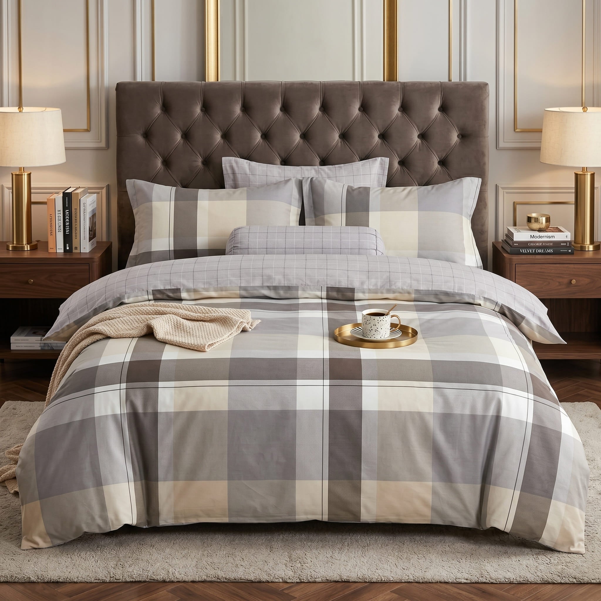 Pościel bawełniana dwustronna beżowa kremowa jasna szara w kratę 200x220 3 el. Velmora Cashmere Grid m1830 - Lunatis