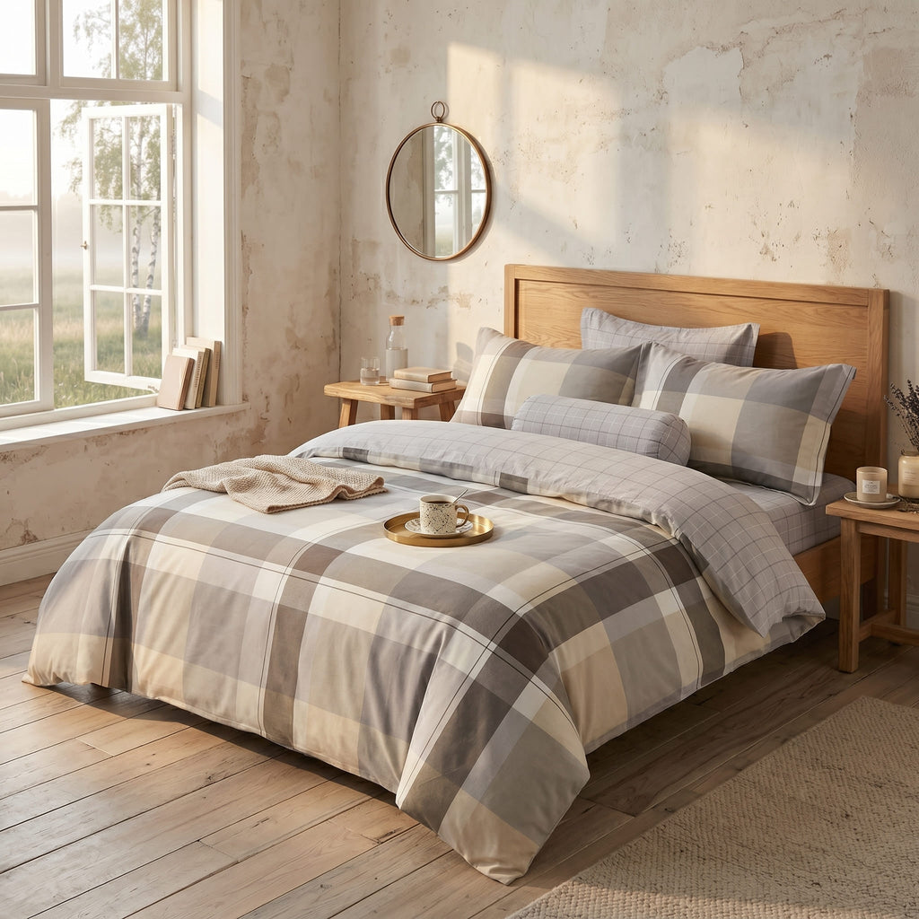 Pościel bawełniana dwustronna beżowa kremowa jasna szara w kratę 200x220 3 el. Velmora Cashmere Grid m1830 - Lunatis