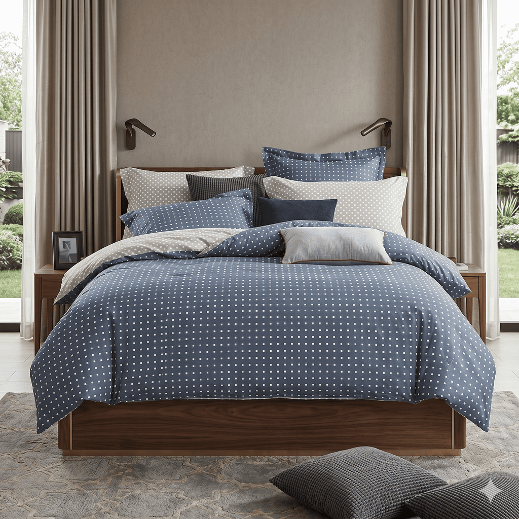 Pościel bawełniana dwustronna beżowo granatowa kropki kwadratowe 200x220 3 el. Mache m1107 - Lunatis