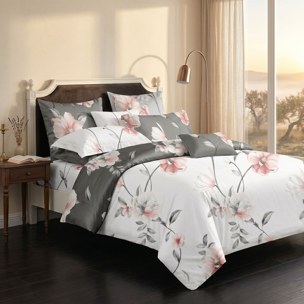 Pościel bawełniana dwustronna biała szara w kwiaty 200x220 3 el. Blush Magnolia m1895 - Lunatis