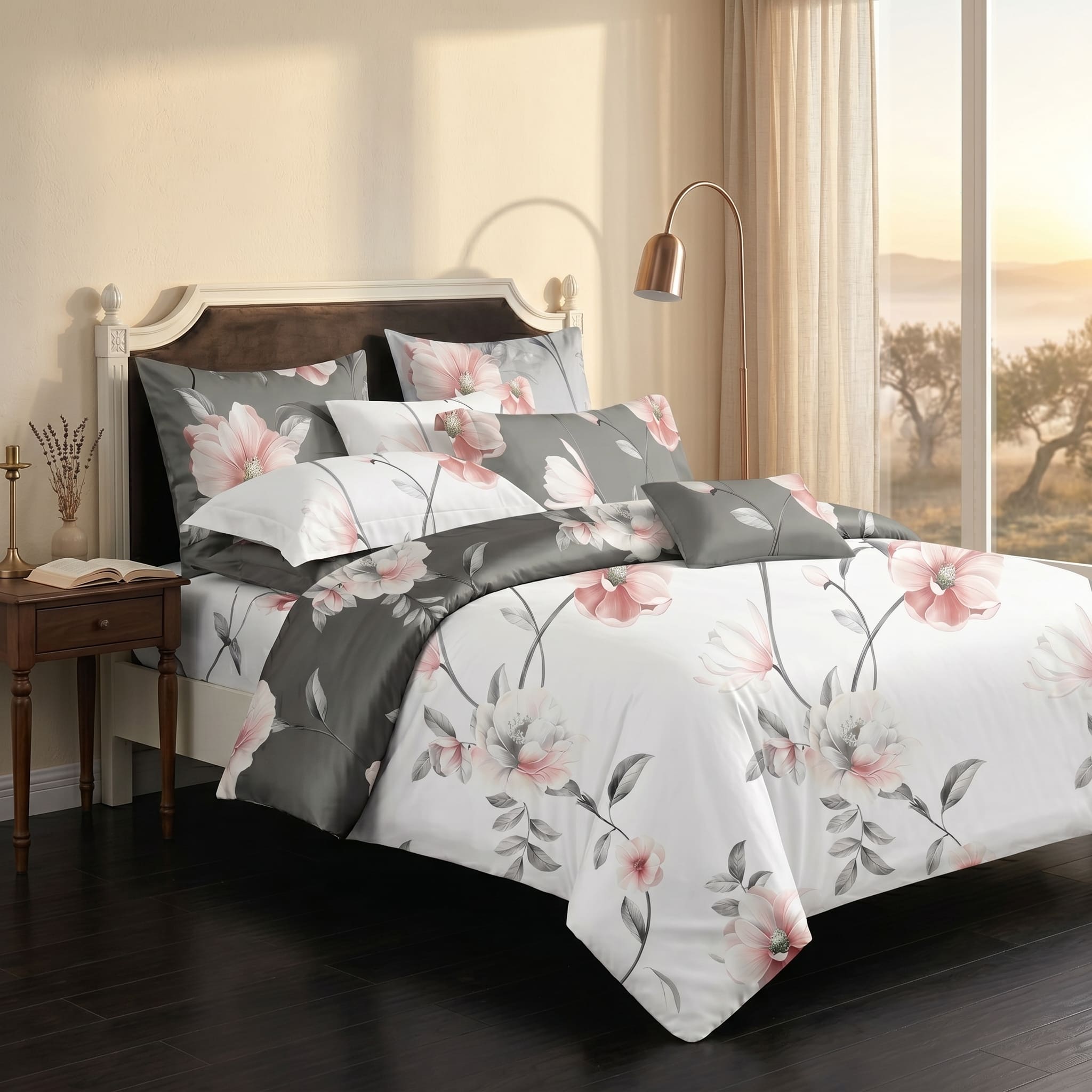 Pościel bawełniana dwustronna biała szara w kwiaty 200x220 3 el. Blush Magnolia m1895 - Lunatis
