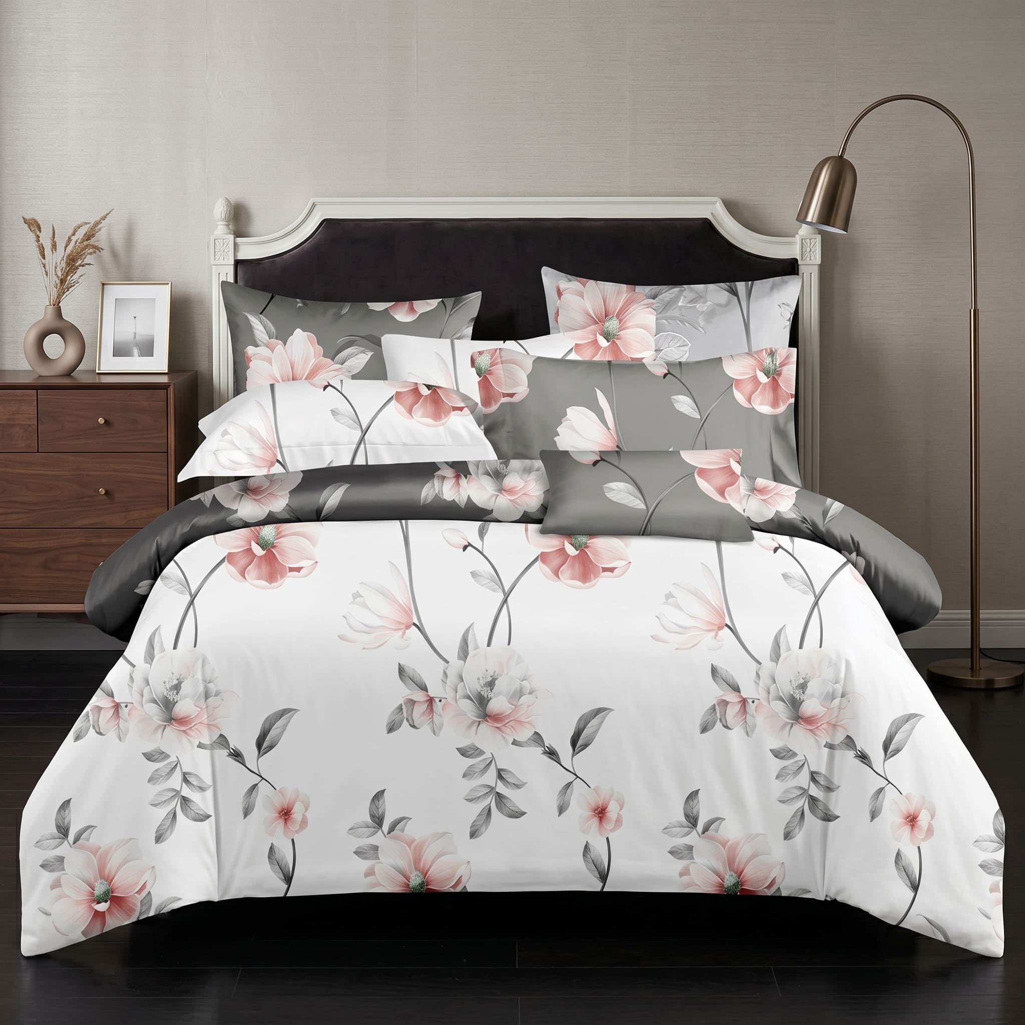 Pościel bawełniana dwustronna biała szara w kwiaty 200x220 3 el. Blush Magnolia m1895 - Lunatis