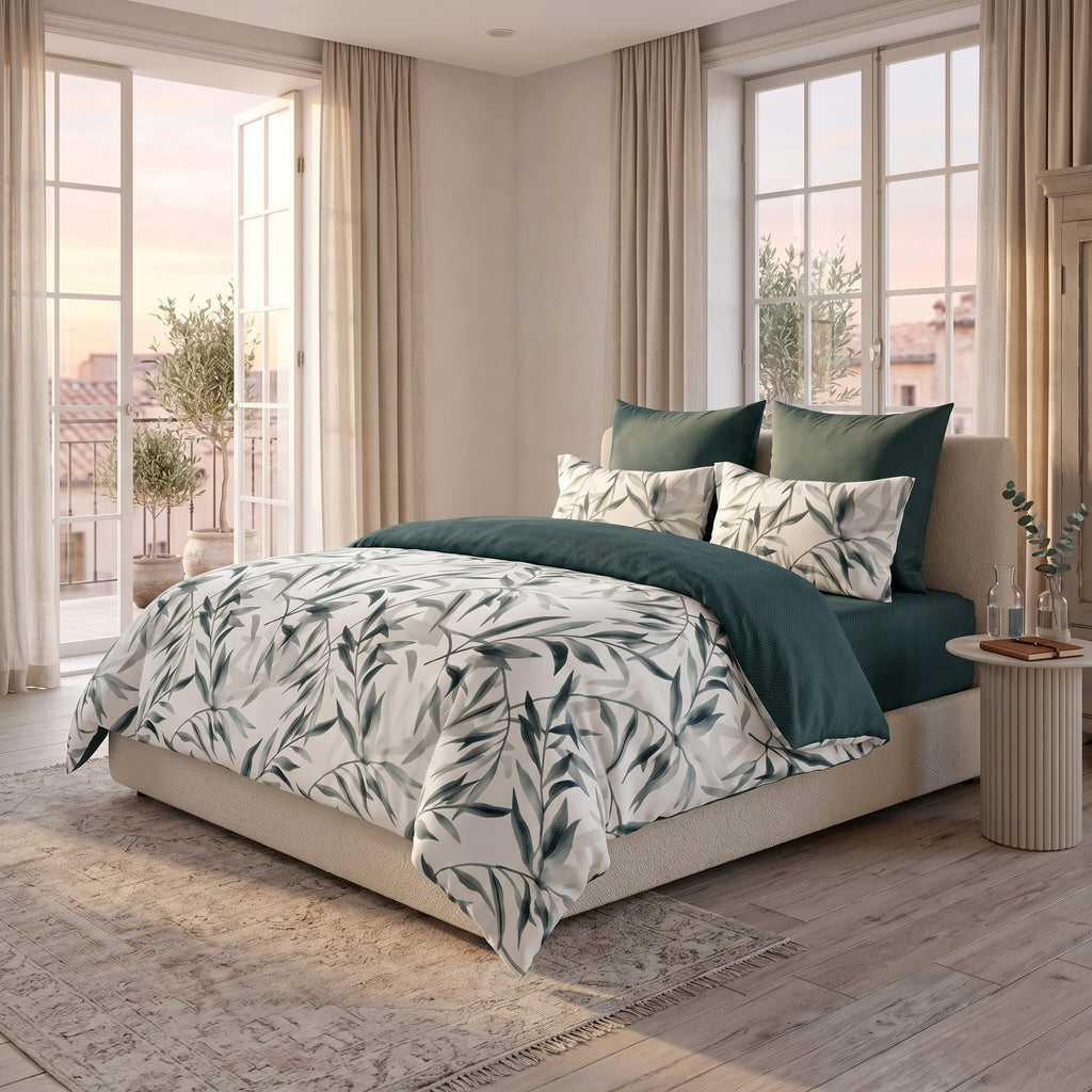 Pościel bawełniana dwustronna biały w liście bambusa i zielona 200x220 3 el. Emerald Bamboo m1906 - Lunatis