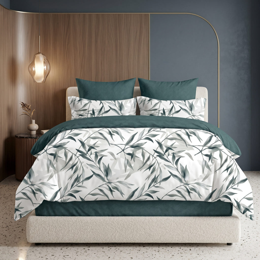 Pościel bawełniana dwustronna biały w liście bambusa i zielona 200x220 3 el. Emerald Bamboo m1906 - Lunatis