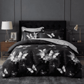 Pościel bawełniana dwustronna czarna w motyle i szara Midnight Butterflies 200x220 3 el. Par C-133 - Lunatis