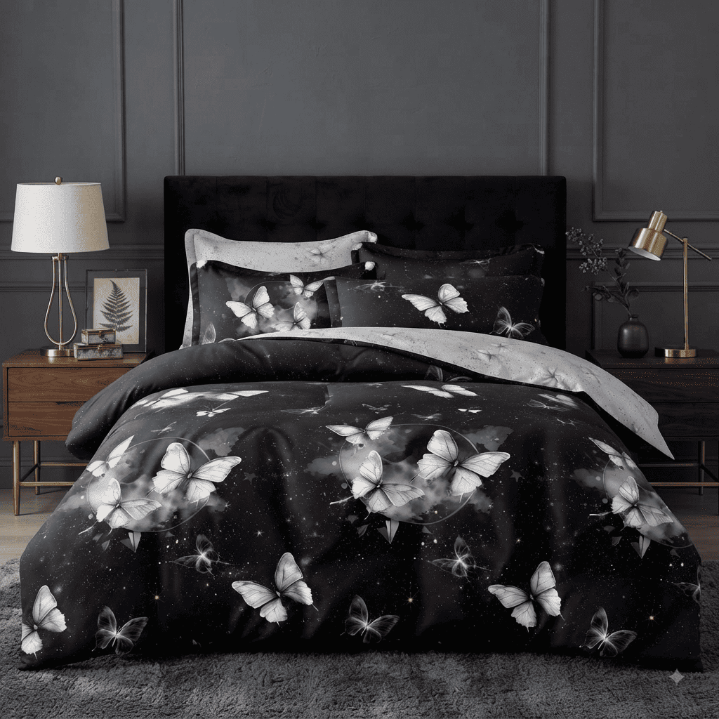 Pościel bawełniana dwustronna czarna w motyle i szara Midnight Butterflies 200x220 3 el. Par C-133 - Lunatis