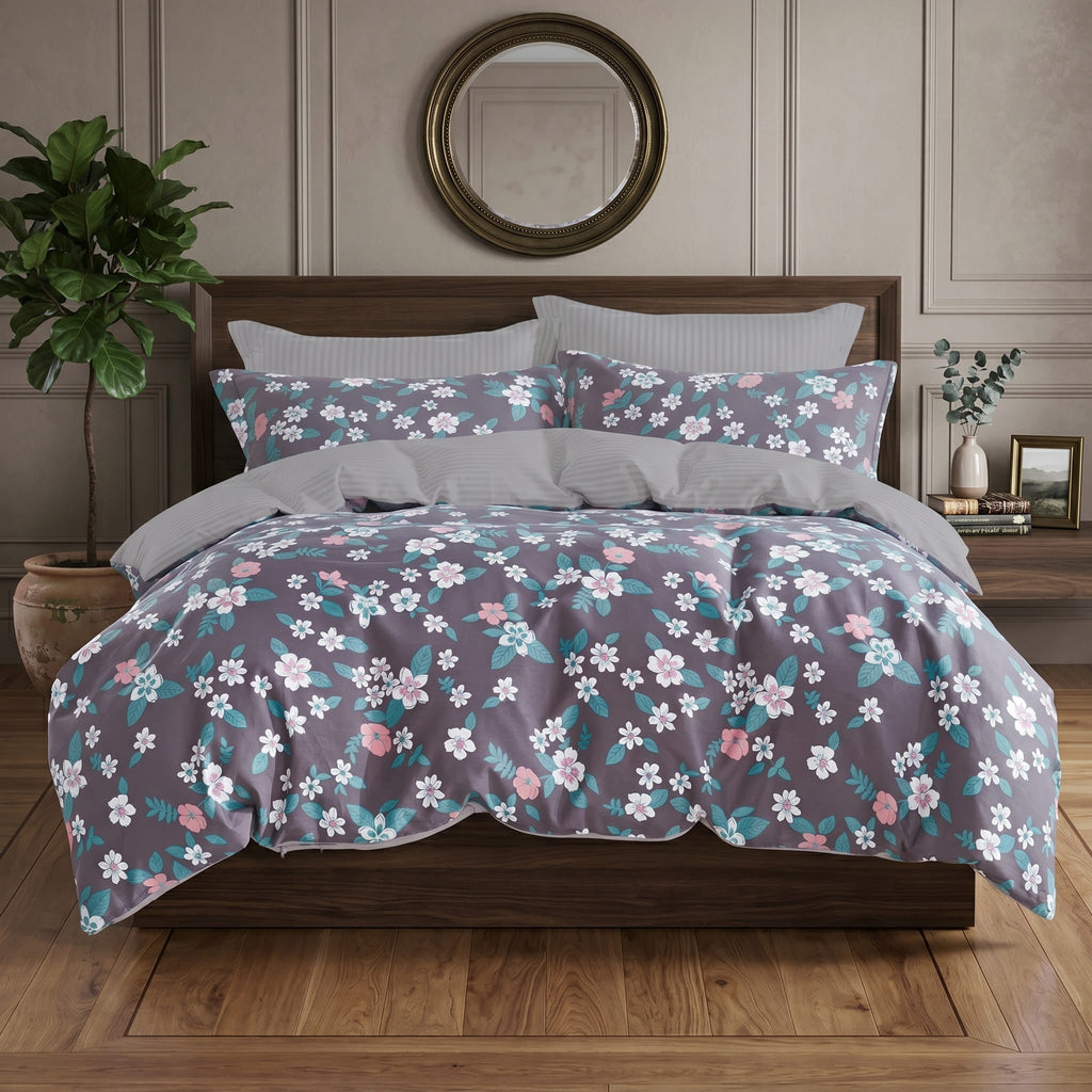 Pościel bawełniana dwustronna fioletowa w kwiaty 200x220 3 el. Blossom Dream m1558 - Lunatis