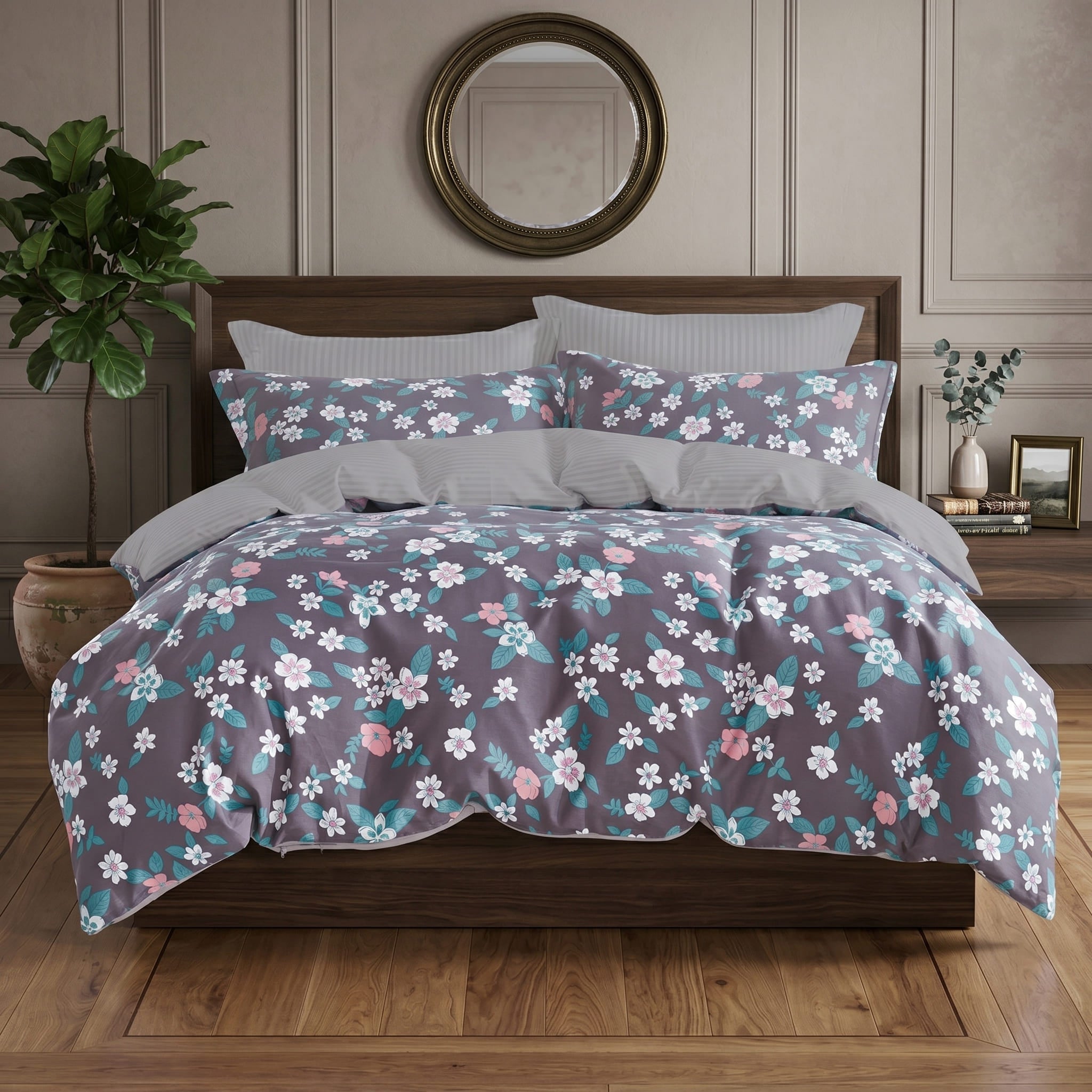 Pościel bawełniana dwustronna fioletowa w kwiaty 200x220 3 el. Blossom Dream m1558 - Lunatis
