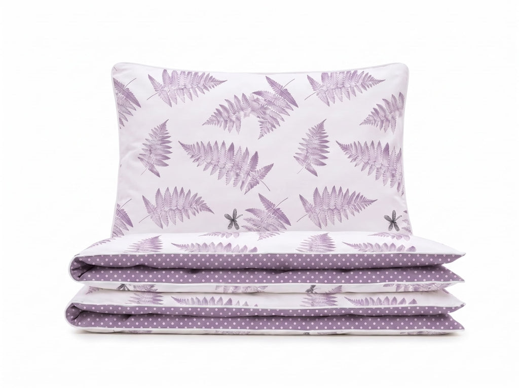 Pościel bawełniana dwustronna fioletowa w paprocie 160x200 3 el. Lavender Fern m1542 - Lunatis