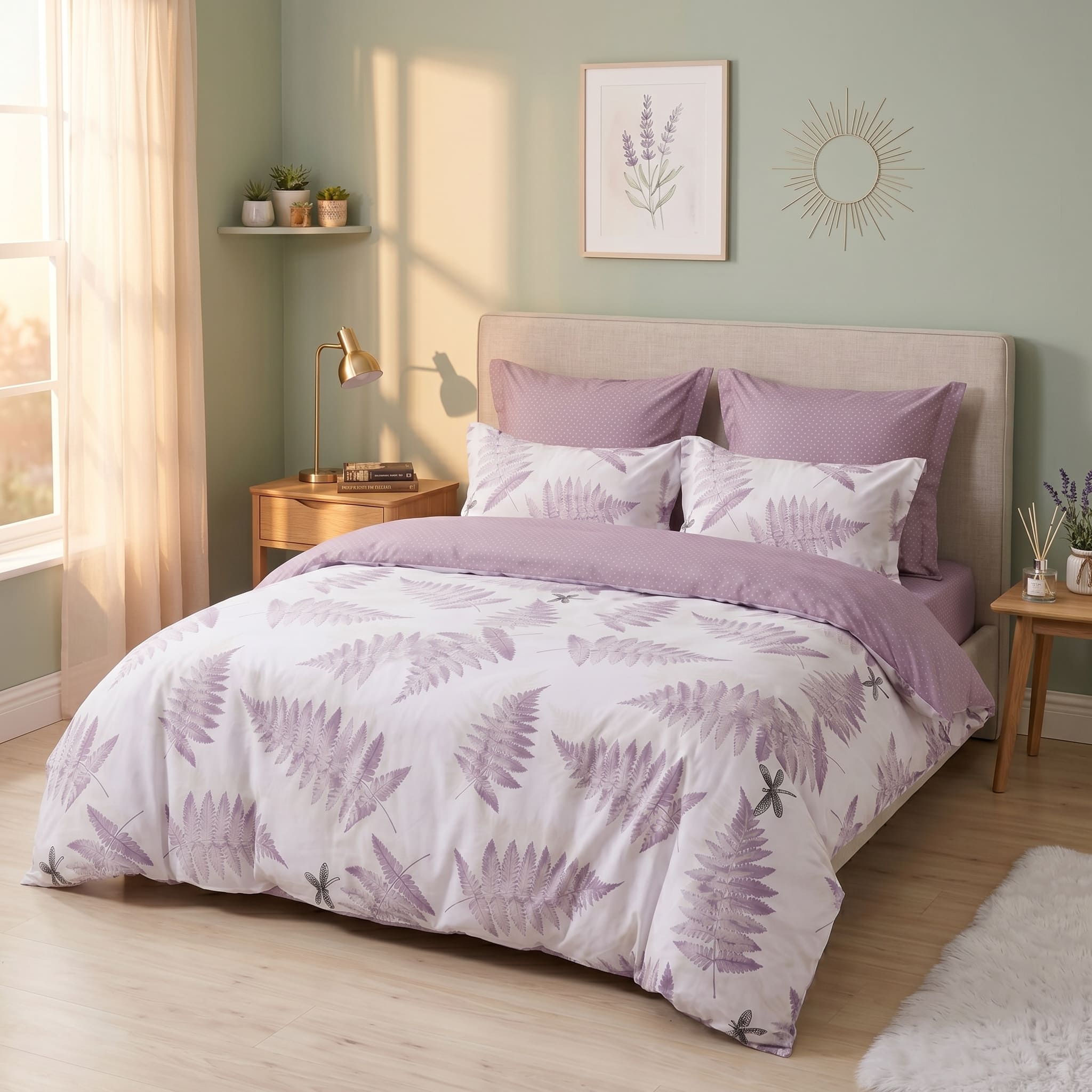 Pościel bawełniana dwustronna fioletowa w paprocie 160x200 3 el. Lavender Fern m1542 - Lunatis