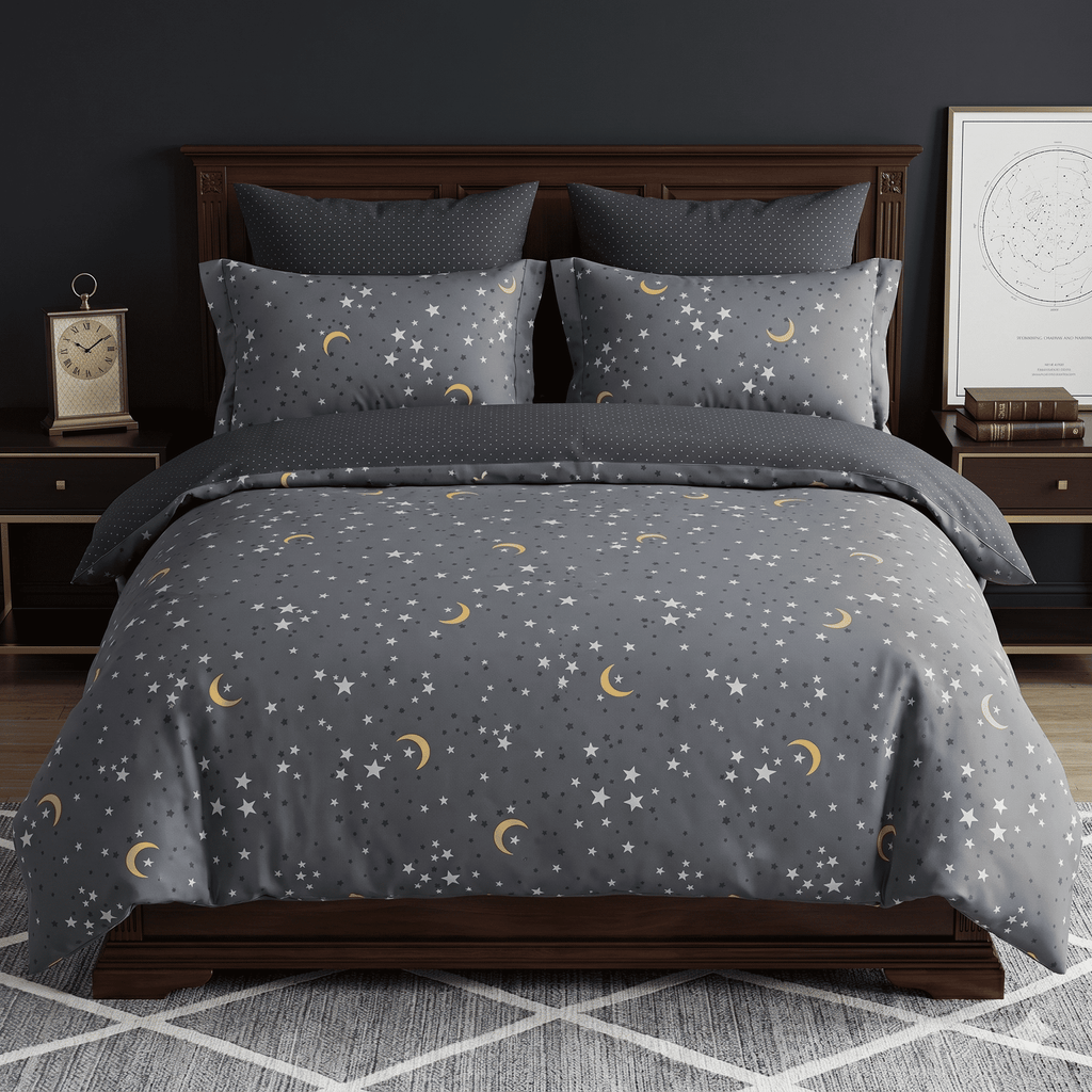 Pościel bawełniana dwustronna grafitowa ciemna w gwiazdki i księżyce kropki 200x220 3 el. Ourea m1190 - Lunatis