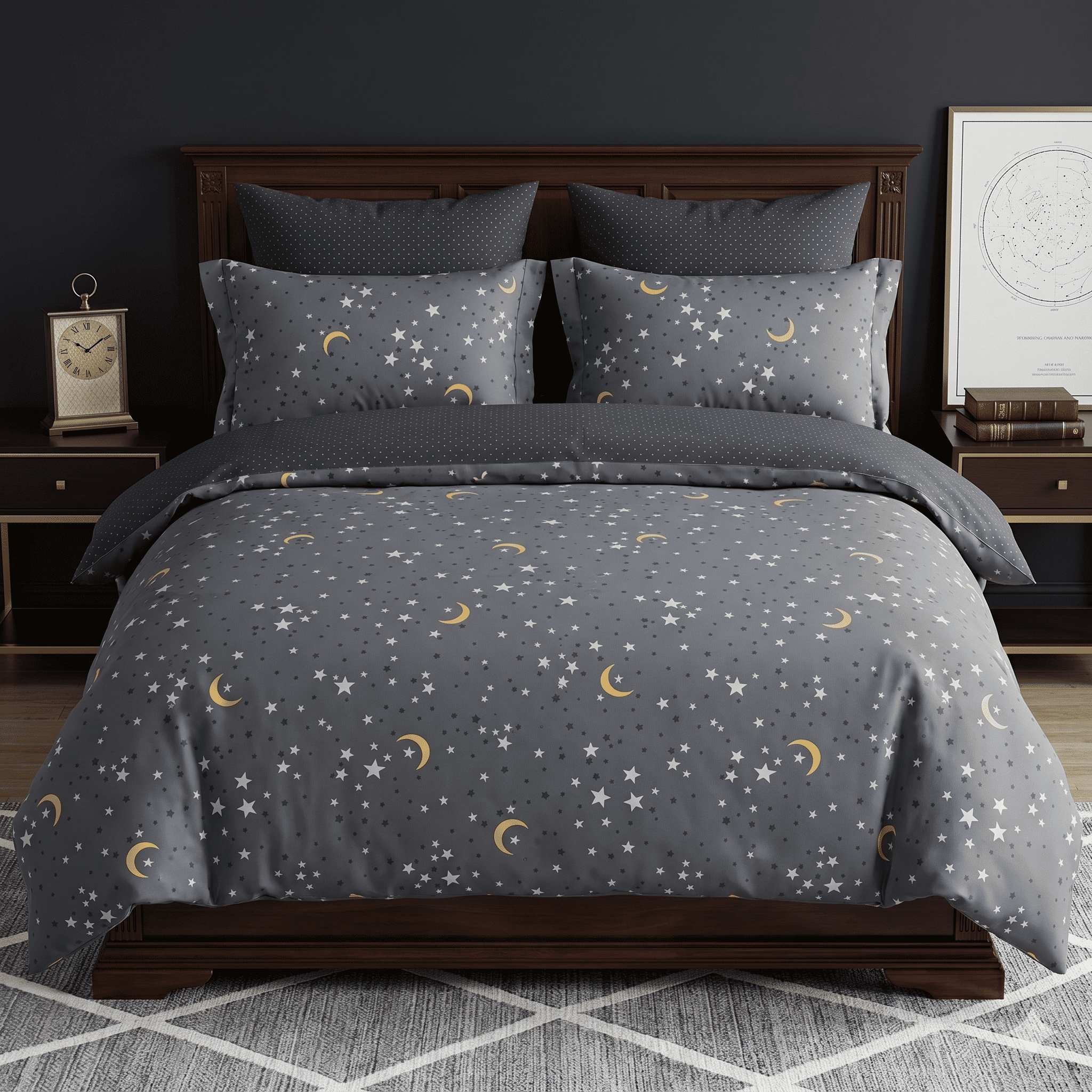 Pościel bawełniana dwustronna grafitowa ciemna w gwiazdki i księżyce kropki 200x220 3 el. Ourea m1190 - Lunatis